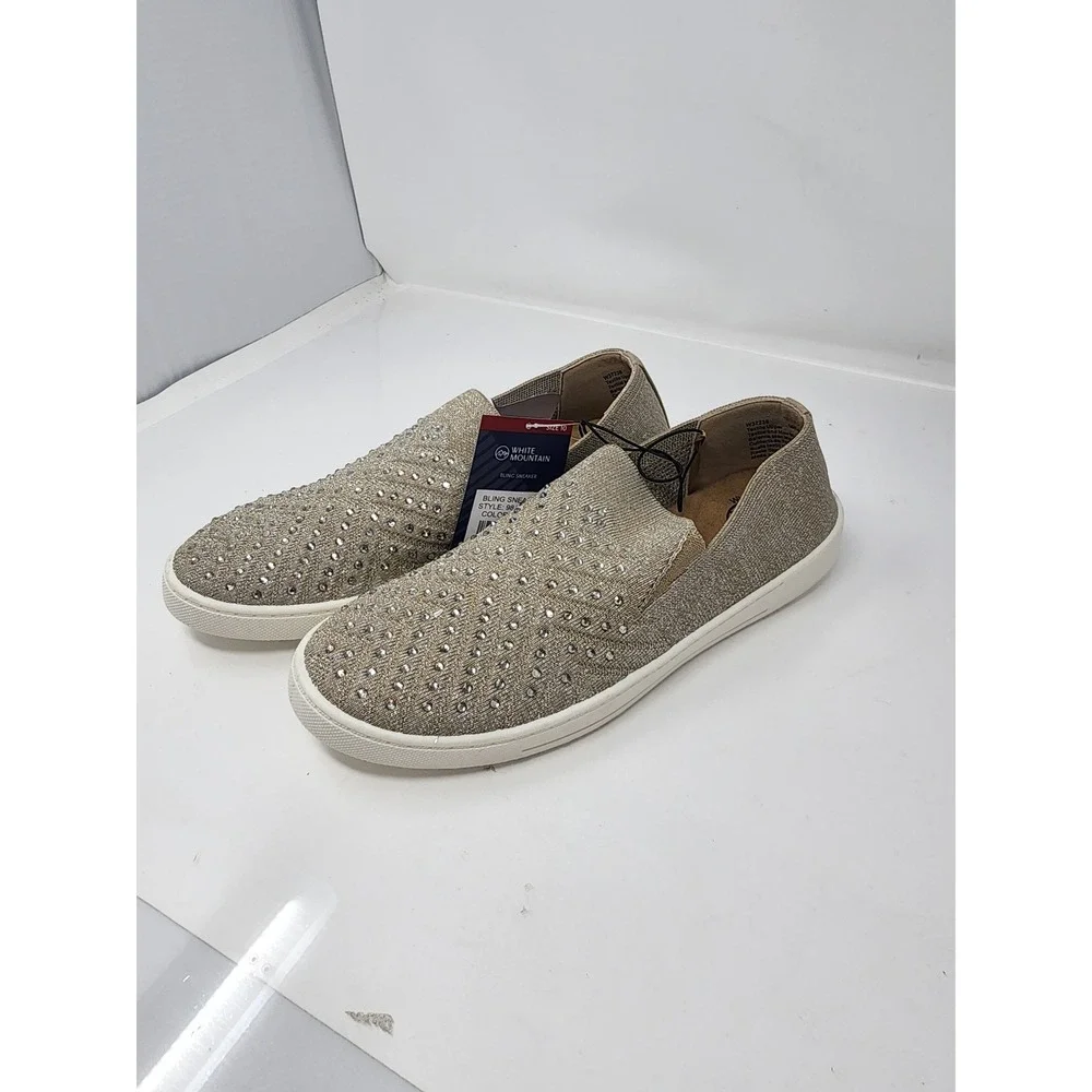 White Mountain Womens Rhinestone Sneaker Tan Metallic Knit Casual Size 10
